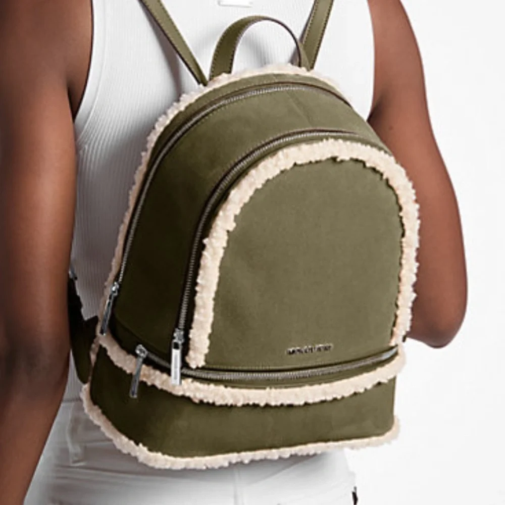MICHAEL KORS Rhea Medium Suede and Faux Shearling Backpack Olive NWT